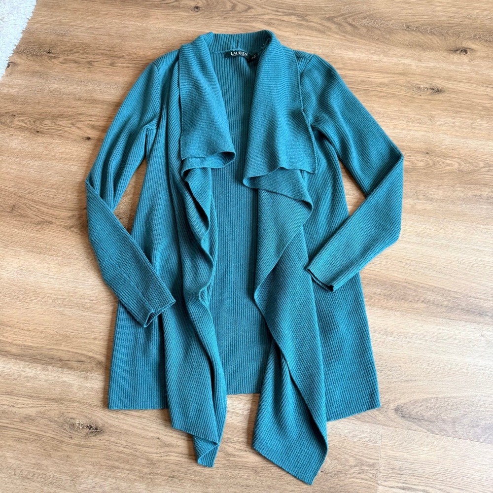Lauren Ralph Lauren 100% Wool Green Ribbed Draped Waterfall Cardigan Size S